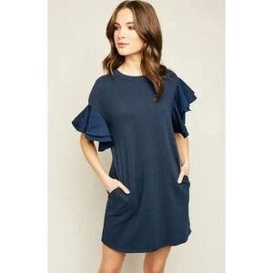 NEW Hayden LA Ruffled Sleeve Shirt Dress Navy Blue Medium